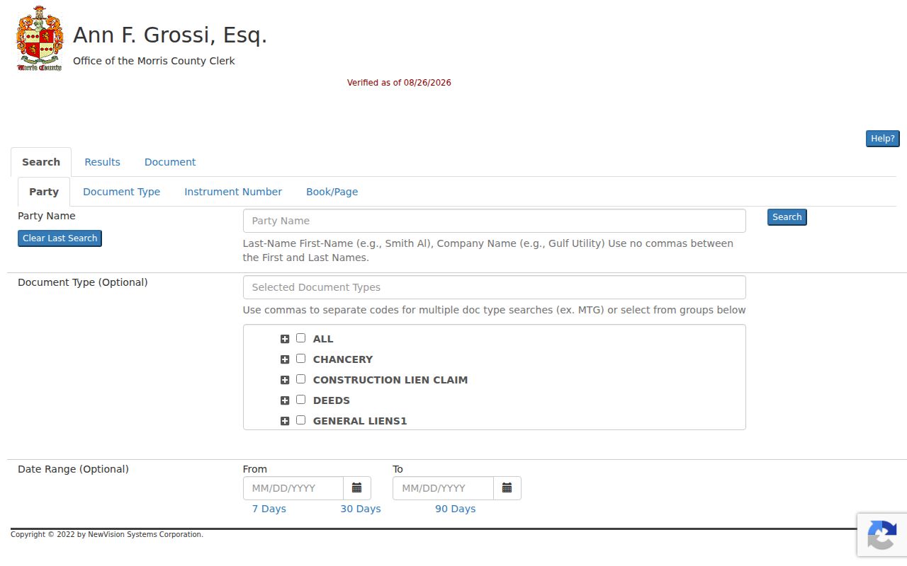 Parsippany-Troy Hills street directory BrowserView deed index search controls