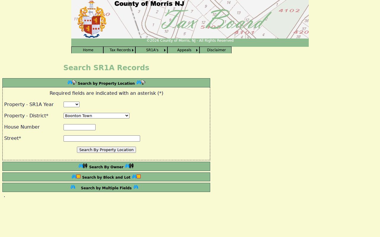 Morris County SR1A search fields for Parsippany-Troy Hills ZIP code property research
